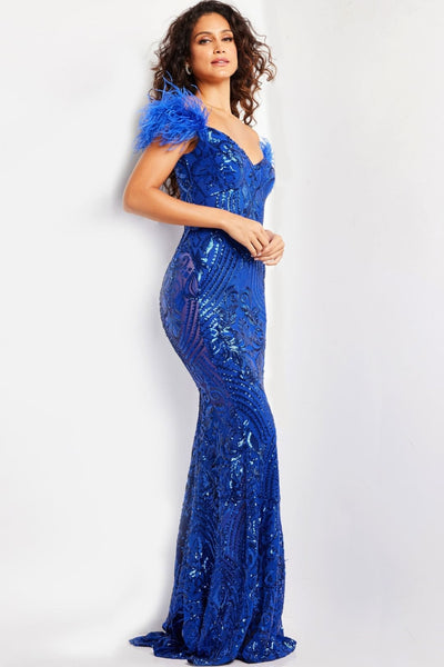 Sequin Feather Off Shoulder Gown by Jovani 26041 - Long Formal Dresses