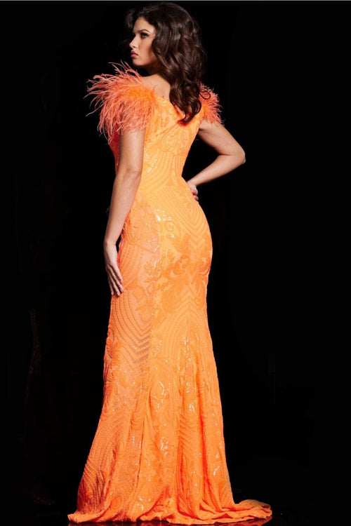 Sequin Feather Off Shoulder Gown by Jovani 26041 - Long Formal Dresses