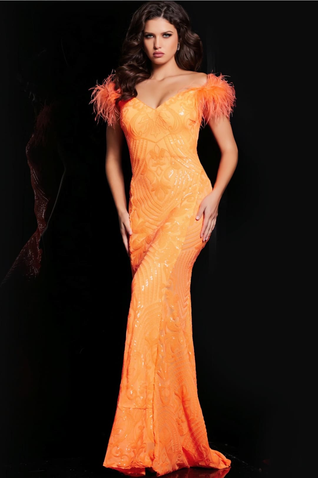 Sequin Feather Off Shoulder Gown by Jovani 26041 - 00 / Orange - Long Formal Dresses