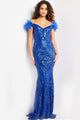 Sequin Feather Off Shoulder Gown by Jovani 26041 - 00 / Royal - Long Formal Dresses
