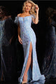 Sequin Feather Off Shoulder Slit Gown by Jovani 36419 - 00 / Ice Blue - Long Formal Dresses