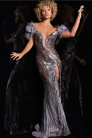 Sequin Feather Off Shoulder Slit Gown by Jovani 38679 - 00 / Grey/Rose Gold - Long Formal Dresses