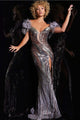 Sequin Feather Off Shoulder Slit Gown by Jovani 38679 - 00 / Grey/Rose Gold - Long Formal Dresses