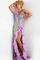 Sequin Feather One Shoulder Slit Gown by Jovani 38678 - 00 / Lilac/Purple - Long Formal Dresses