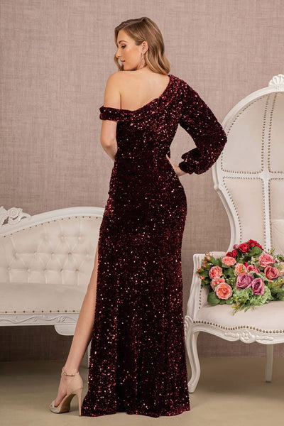 Sequin Fitted Long Sleeve Slit Gown by Elizabeth K GL3159 - Long Formal Dresses