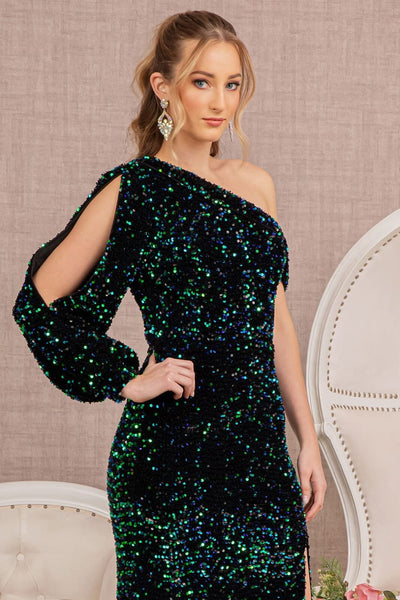 Sequin Fitted Long Sleeve Slit Gown by Elizabeth K GL3159 - Long Formal Dresses
