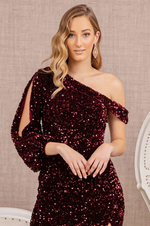 Sequin Fitted Long Sleeve Slit Gown by Elizabeth K GL3159 - Long Formal Dresses