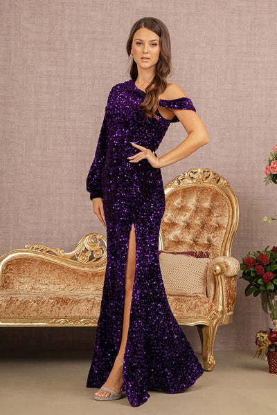 Sequin Fitted Long Sleeve Slit Gown by Elizabeth K GL3159 - Long Formal Dresses