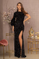 Sequin Fitted Long Sleeve Slit Gown by Elizabeth K GL3159 - S / Black - Long Formal Dresses