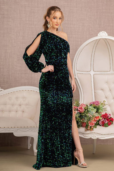 Sequin Fitted Long Sleeve Slit Gown by Elizabeth K GL3159 - S / Green - Long Formal Dresses