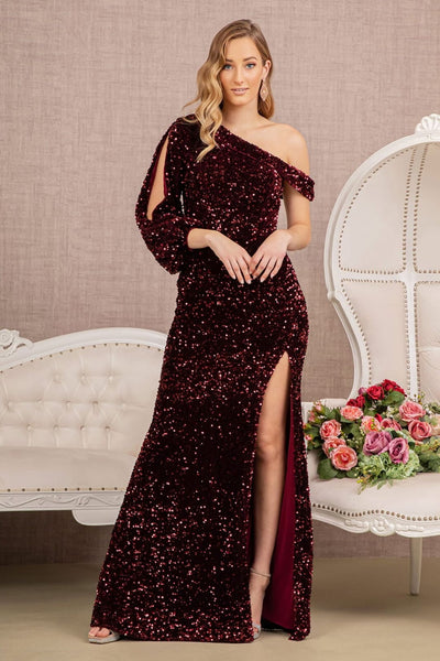 Sequin Fitted Long Sleeve Slit Gown by Elizabeth K GL3159 - S / Wine - Long Formal Dresses