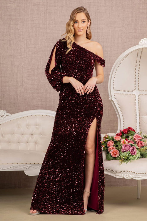 Sequin Fitted Long Sleeve Slit Gown by Elizabeth K GL3159 - S / Wine - Long Formal Dresses