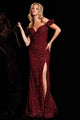 Sequin Fitted Off Shoulder Slit Gown by Jovani 37517 - 00 / Burgundy - Long Formal Dresses