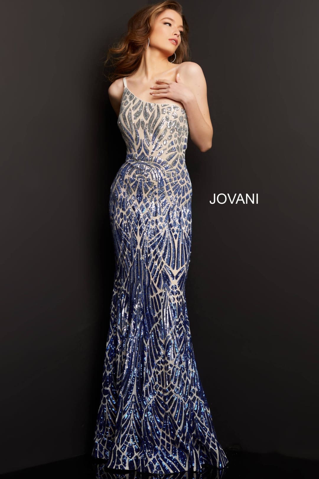 Sequin Fitted One Shoulder Gown by Jovani 06469 - 00 / Silver/Royal - Long Formal Dresses