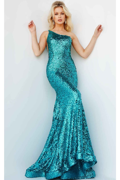 Sequin Fitted One Shoulder Gown by Jovani 23076 - Long Formal Dresses