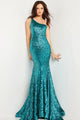 Sequin Fitted One Shoulder Gown by Jovani 23076 - 00 / Turquoise - Long Formal Dresses
