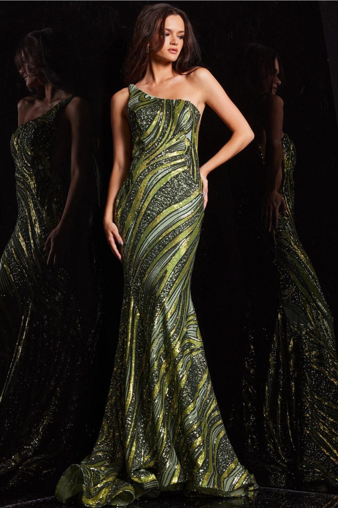 Sequin Fitted One Shoulder Gown by Jovani 24031 - 00 / Olive/Lime - Long Formal Dresses