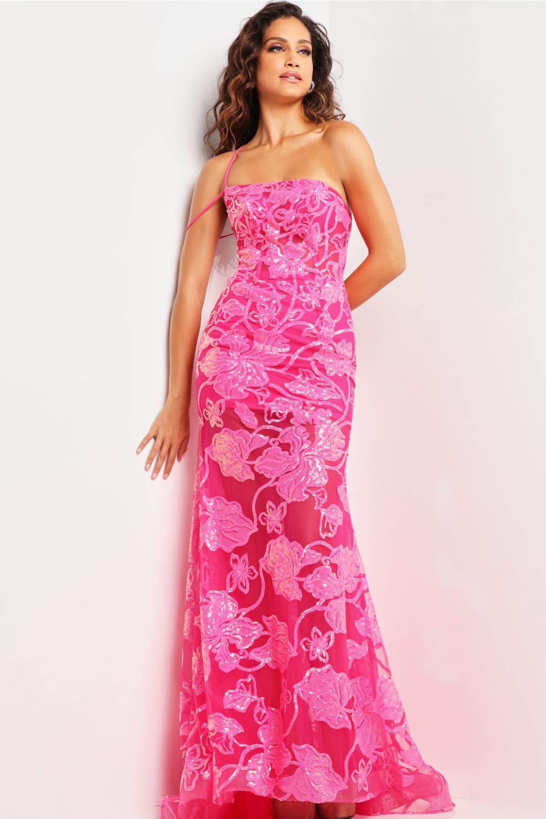 Sequin Fitted One Shoulder Gown by Jovani 38463 - 00 / Hot Pink - Long Formal Dresses
