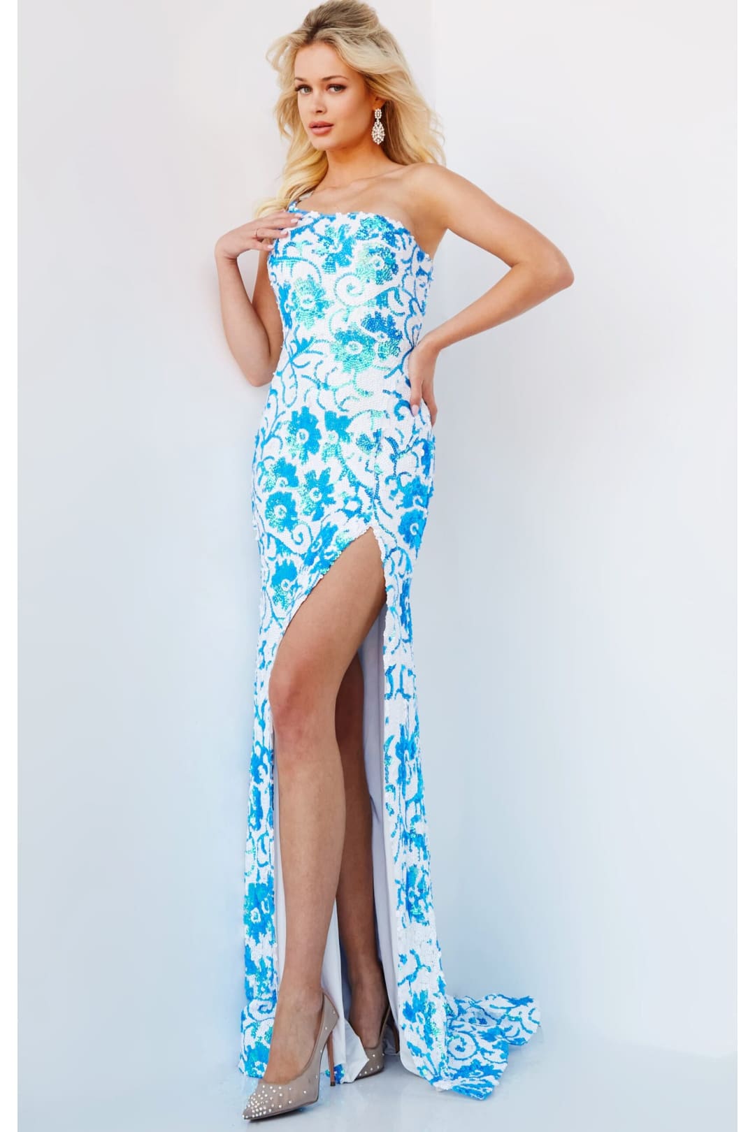 Sequin Fitted One Shoulder Slit Gown by Jovani 08256 - 00 / Ivory/Blue - Long Formal Dresses