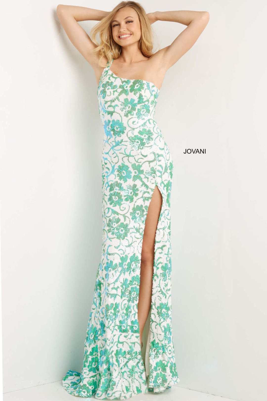Sequin Fitted One Shoulder Slit Gown by Jovani 08256 - 00 / Ivory/Emerald - Long Formal Dresses