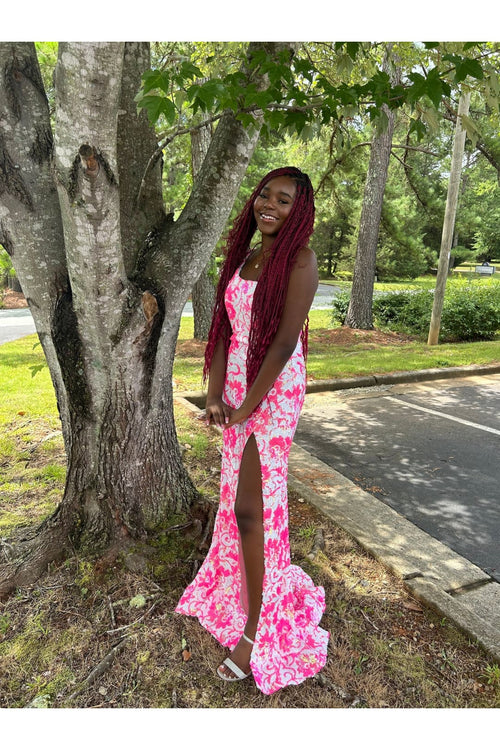 Sequin Fitted One Shoulder Slit Gown by Jovani 08256 - 00 / Ivory/Hot Pink - Long Formal Dresses