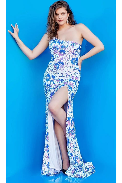 Sequin Fitted One Shoulder Slit Gown by Jovani 08256 - 00 / Ivory/Purple - Long Formal Dresses