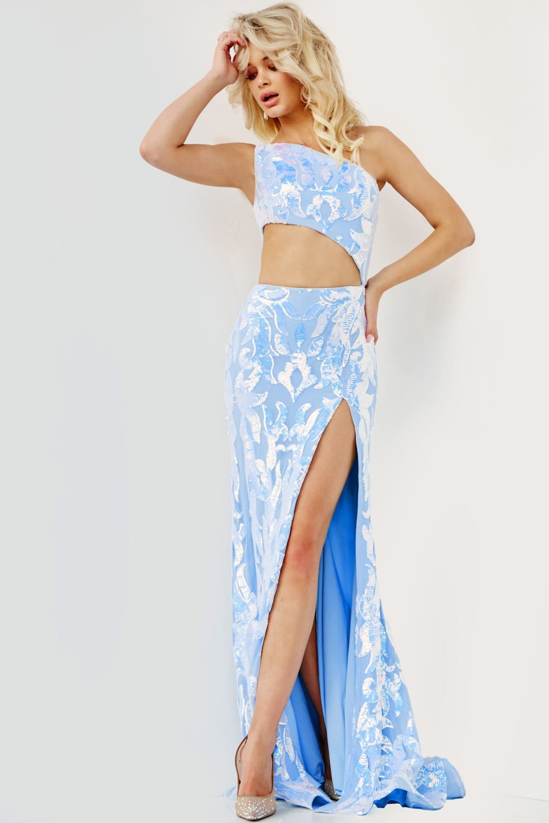 Sequin Fitted One Shoulder Slit Gown by Jovani 22853 - Long Formal Dresses