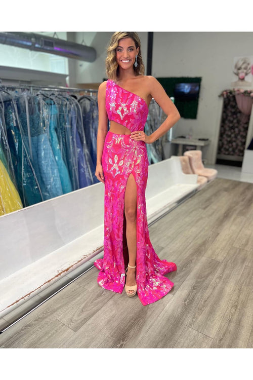 Sequin Fitted One Shoulder Slit Gown by Jovani 22853 - 00 / Hot Pink - Long Formal Dresses