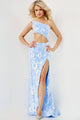Sequin Fitted One Shoulder Slit Gown by Jovani 22853 - 00 / Light Blue - Long Formal Dresses