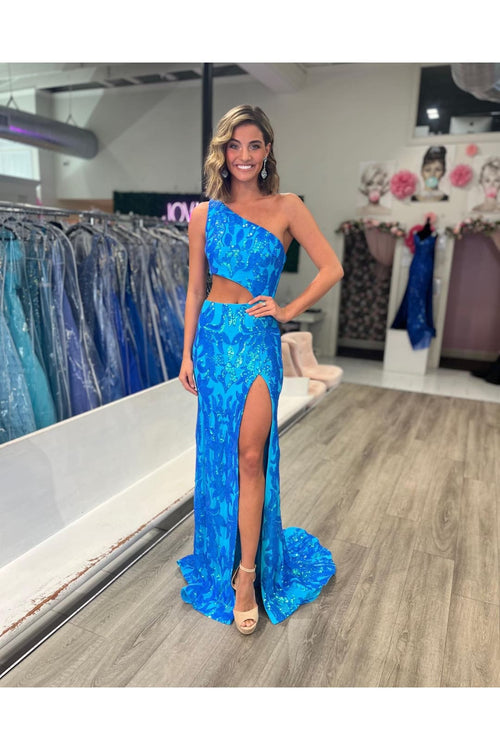 Sequin Fitted One Shoulder Slit Gown by Jovani 22853 - 00 / Turquoise - Long Formal Dresses