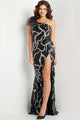 Sequin Fitted One Shoulder Slit Gown by Jovani 38377 - 00 / Black/Silver - Long Formal Dresses