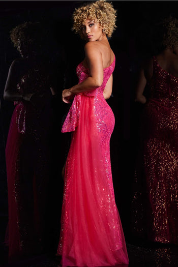 Sequin Fitted One Shoulder Slit Gown by Jovani 39384 - Long Formal Dresses
