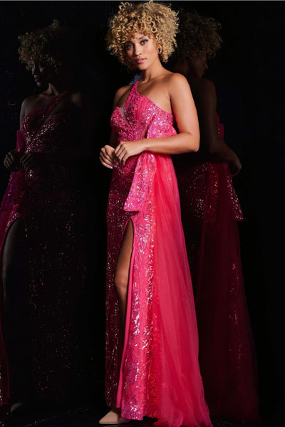 Sequin Fitted One Shoulder Slit Gown by Jovani 39384 - Long Formal Dresses