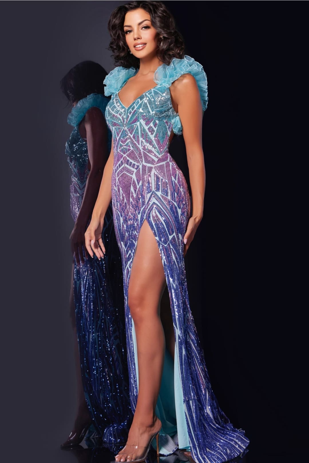 Sequin Fitted Ruffle Sleeve Slit Gown by Jovani 40761 - Long Formal Dresses