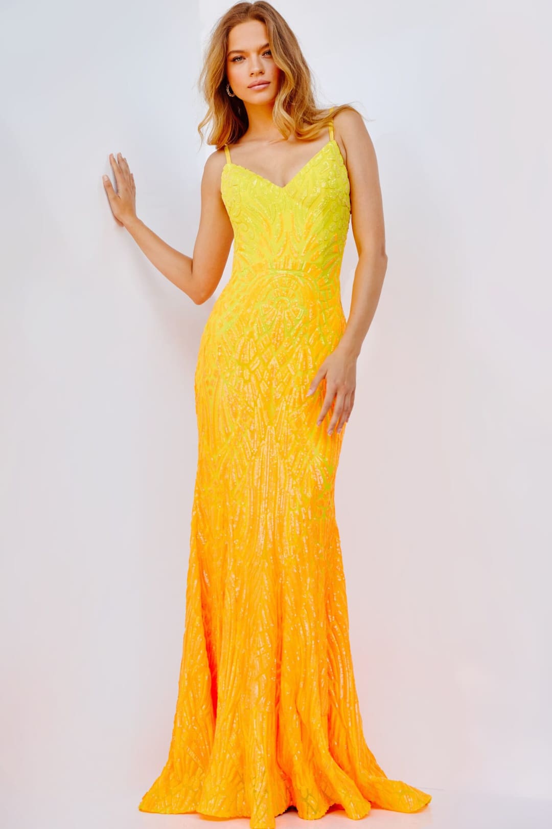 Sequin Fitted Sleeveless Gown by Jovani 06450 - 00 / Yellow/Orange - Long Formal Dresses
