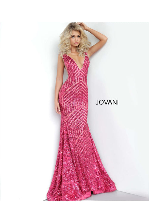 Sequin Fitted Sleeveless Gown by Jovani 59762 - 00 / Fuchsia - Long Formal Dresses