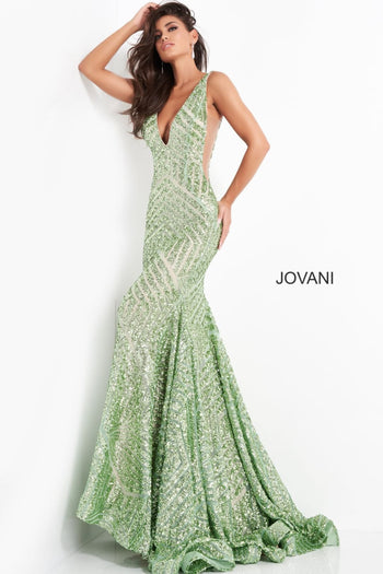 Sequin Fitted Sleeveless Gown by Jovani 59762 - 00 / Pale Green - Long Formal Dresses