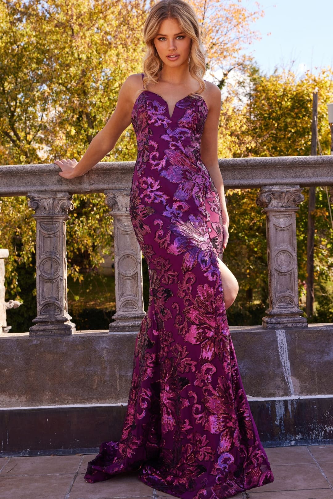 Sequin Fitted Sleeveless Slit Gown by Jovani 08459 - 00 / Raspberry - Long Formal Dresses