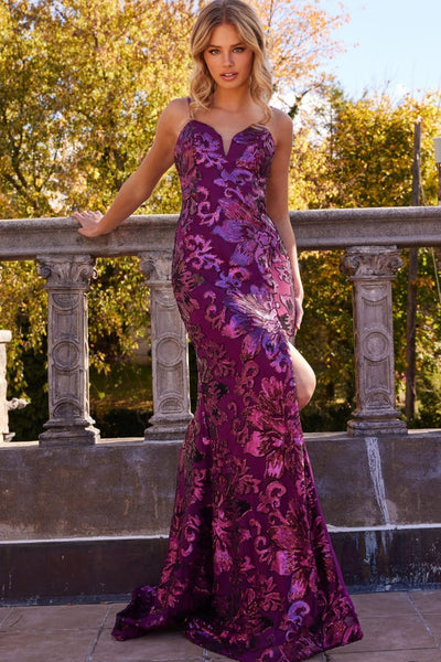 Sequin Fitted Sleeveless Slit Gown by Jovani 08459 - 00 / Raspberry - Long Formal Dresses