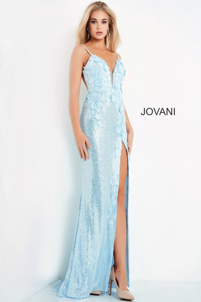 Sequin Fitted Sleeveless Slit Gown by Jovani 1012 - 00 / Light Blue - Long Formal Dresses