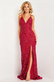 Sequin Fitted Sleeveless Slit Gown by Jovani 36437 - 00 / Raspberry - Long Formal Dresses