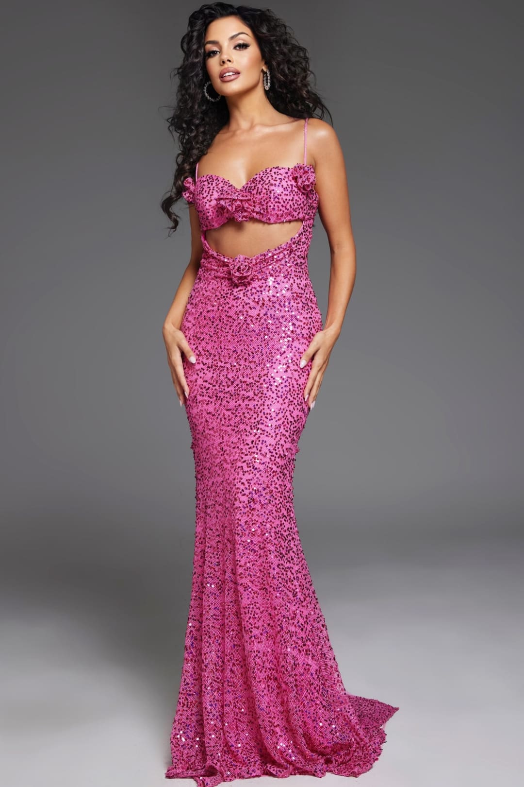 Sequin Fitted Sleeveless Slit Gown by Jovani D5403 - 00 / Hot Pink - Long Formal Dresses