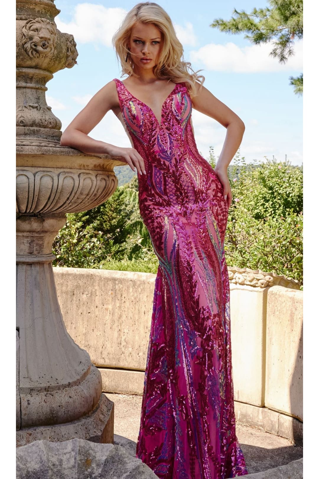 Sequin Jovani Plus-Size Prom Dress with Sheer Sides - Iridescent Hot Pink / 16 - Apparel & Accessories > Clothing > Dresses
