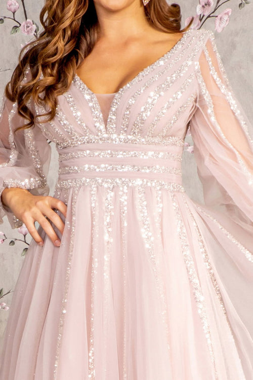 Sequin Long Sleeve A-line Mesh Gown by GLS Gloria GL3495 - Long Formal Dresses