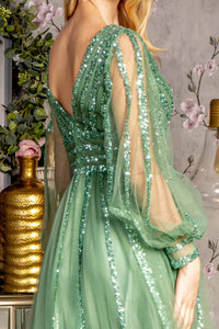 Sequin Long Sleeve A-line Mesh Gown by GLS Gloria GL3495 - Long Formal Dresses