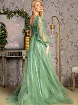 Sequin Long Sleeve A-line Mesh Gown by GLS Gloria GL3495