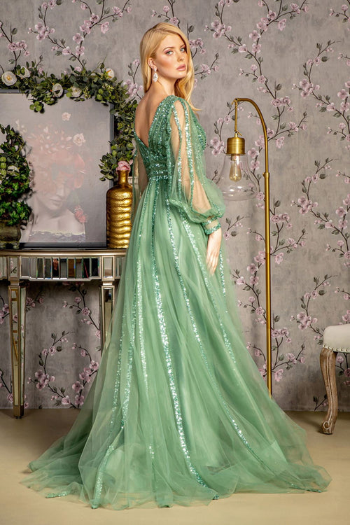 Sequin Long Sleeve A-line Mesh Gown by GLS Gloria GL3495 - Long Formal Dresses