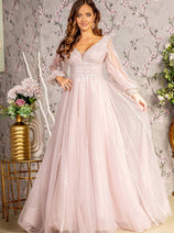 Sequin Long Sleeve A-line Mesh Gown by GLS Gloria GL3495