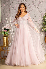 Sequin Long Sleeve A-line Mesh Gown by GLS Gloria GL3495 - S / Mauve - Long Formal Dresses