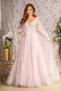 Sequin Long Sleeve A-line Mesh Gown by GLS Gloria GL3495 - S / Mauve - Long Formal Dresses